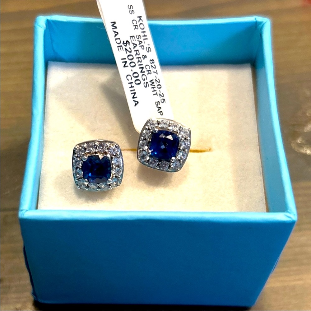 Elegant Blue and White Sapphire Stud Earrings NWT